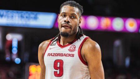 Razorbacks forward Jonas Aidoo against North Carolina A&T