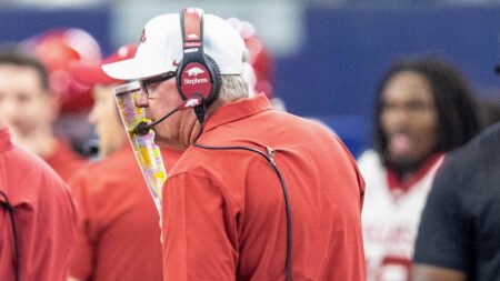 Razorbacks offensive coordinator Bobby Petrino on the sidelines against Texas A&M