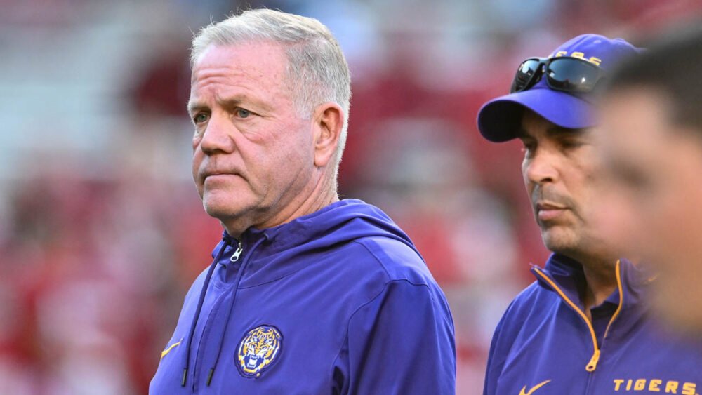 LSU Tigers coach Brian Kelly before game with the Arkansas Razorbacks