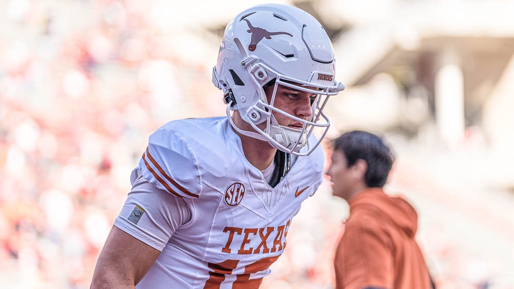 Texas Longhorns quarterback Arch Manning in pregame warmups before playing Arkansas