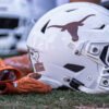 Longhorns helmet on sidelines in game against Arkansas