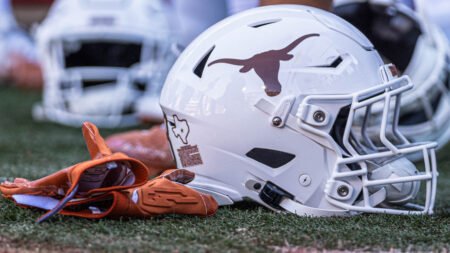 Longhorns helmet on sidelines in game against Arkansas