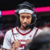 Razorbacks point guard Boogie Fland on a television interview after a win over Oakland