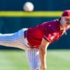 Razorbacks pitcher Ben Bybee delivers a pitch against Grambling