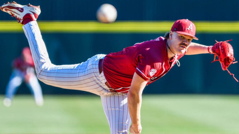 Razorbacks pitcher Ben Bybee delivers a pitch against Grambling