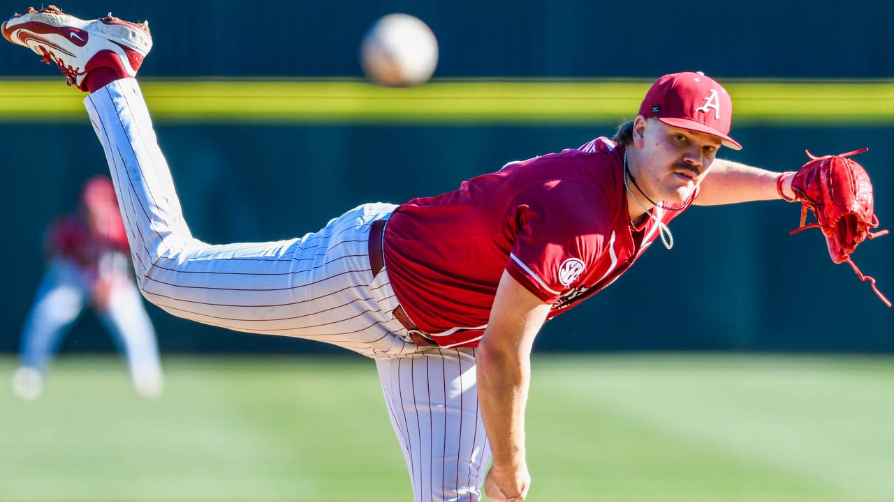 Razorbacks pitcher Ben Bybee delivers a pitch against Grambling
