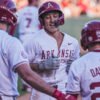 Razorbacks designated hitter Kuhio Aloy comes to the plate after home run against Central Arkansas