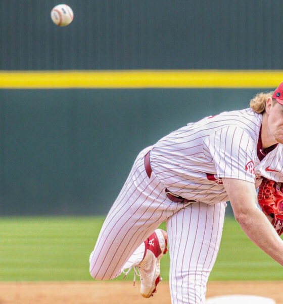 Razorbacks pitcher Aiden Jimenez delivers from the mound in a game against South Carolina