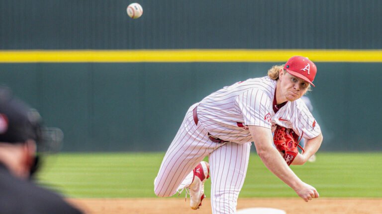 Razorbacks pitcher Aiden Jimenez delivers from the mound in a game against South Carolina