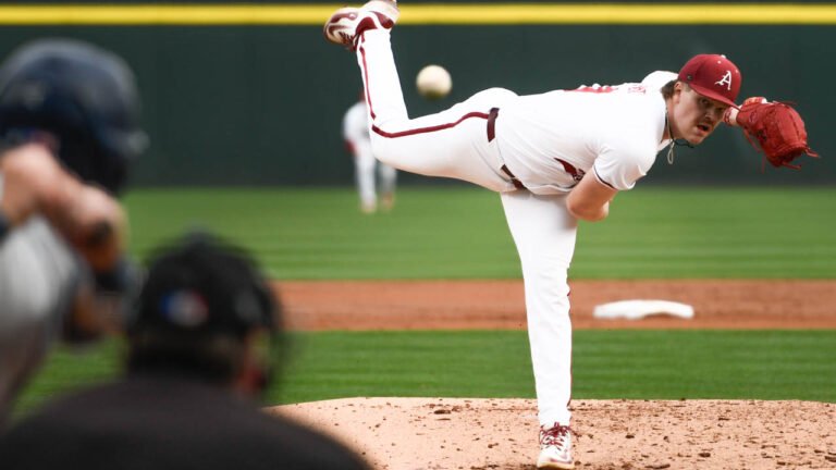 Razorbacks pitcher Ben Bybee delivers a throw against Oral Roberts