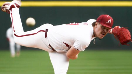 Razorbacks pitcher Ben Bybee delivers a throw against Oral Roberts